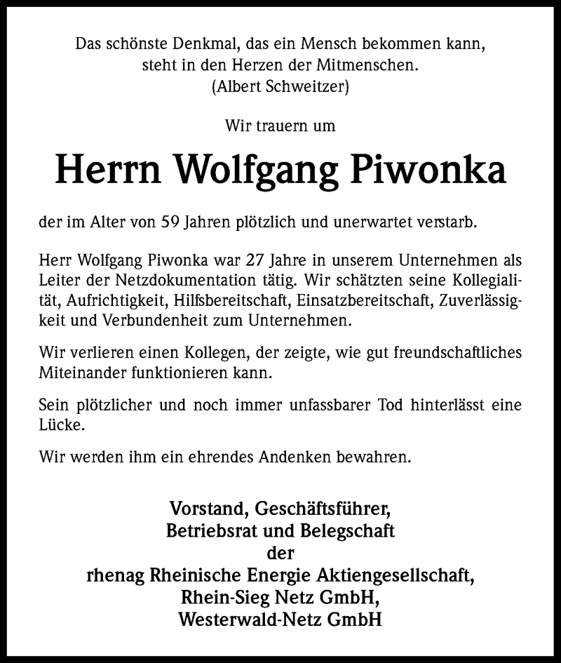  Traueranzeige für Wolfgang Piwonka vom 19.09.2018 aus Kölner Stadt-Anzeiger / Kölnische Rundschau / Express