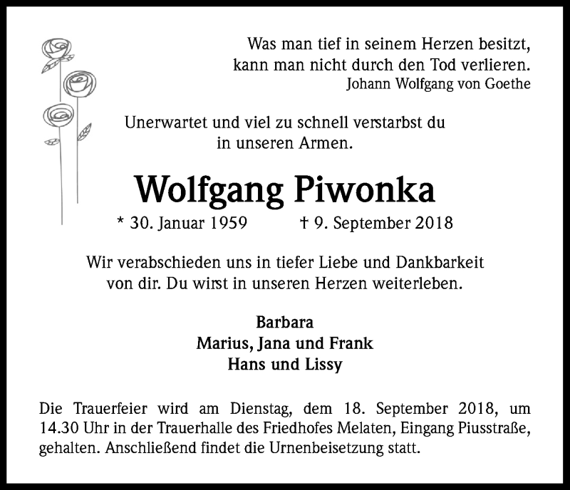  Traueranzeige für Wolfgang Piwonka vom 13.09.2018 aus Kölner Stadt-Anzeiger / Kölnische Rundschau / Express