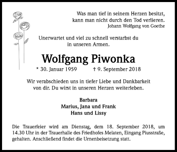 Anzeige von Wolfgang Piwonka von Kölner Stadt-Anzeiger / Kölnische Rundschau / Express
