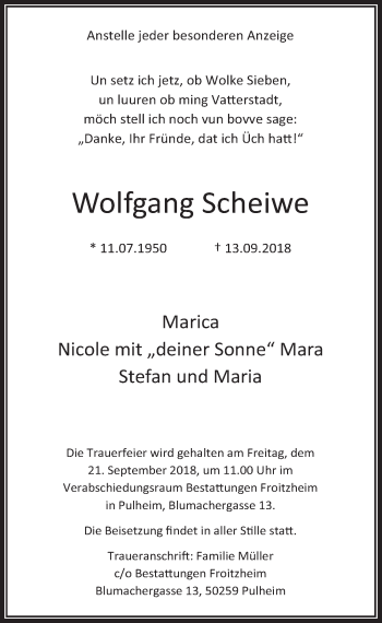 Anzeige von Wolfgang Scheiwe von  Wochenende 