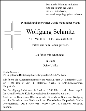 Anzeige von Wolfgang Schmitz von Kölner Stadt-Anzeiger / Kölnische Rundschau / Express