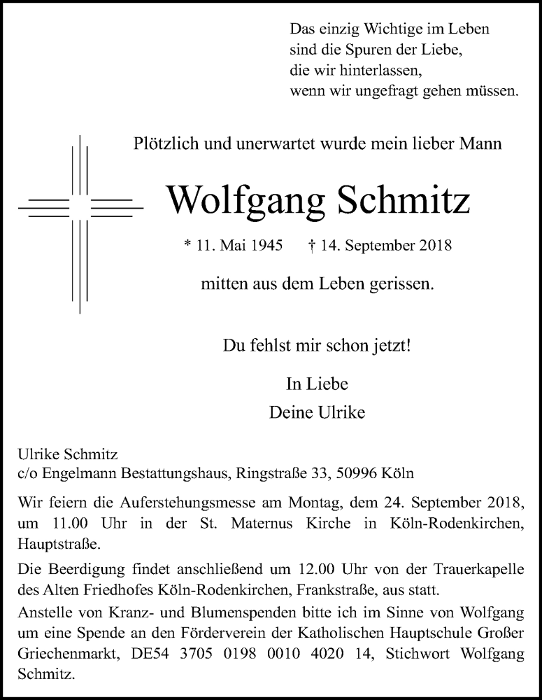  Traueranzeige für Wolfgang Schmitz vom 19.09.2018 aus Kölner Stadt-Anzeiger / Kölnische Rundschau / Express
