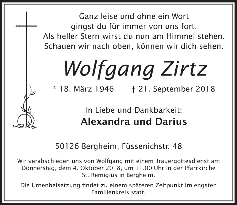  Traueranzeige für Wolfgang Zirtz vom 29.09.2018 aus  Sonntags-Post 