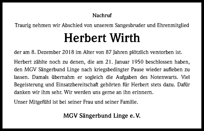  Traueranzeige für Herbert Wirth vom 17.12.2018 aus Kölner Stadt-Anzeiger / Kölnische Rundschau / Express
