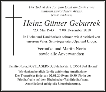 Anzeige von Heinz Günter Geburrek von Schaufenster/ Blickpunkt