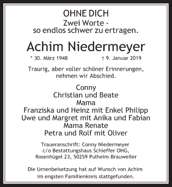 Anzeige von Achim Niedermeyer von  Wochenende 