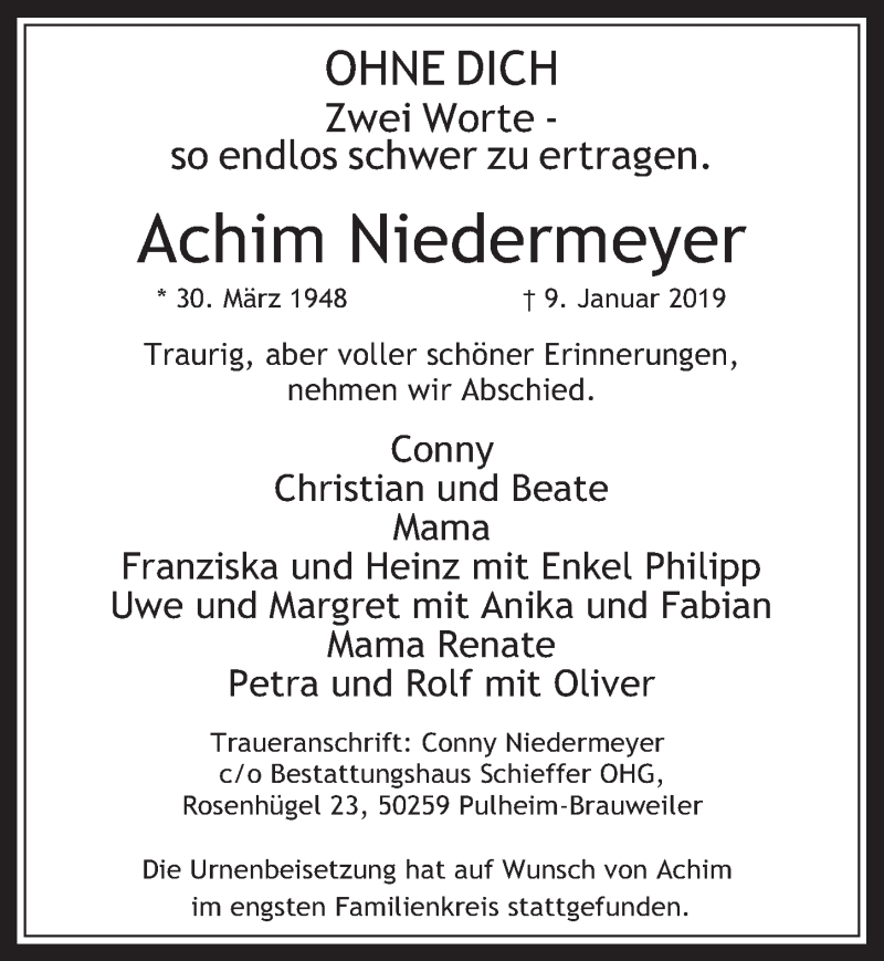  Traueranzeige für Achim Niedermeyer vom 23.01.2019 aus  Wochenende 