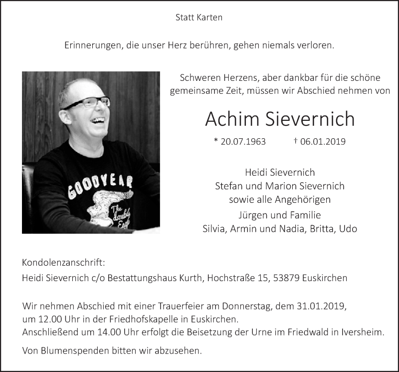  Traueranzeige für Achim Sievernich vom 19.01.2019 aus  Blickpunkt Euskirchen 