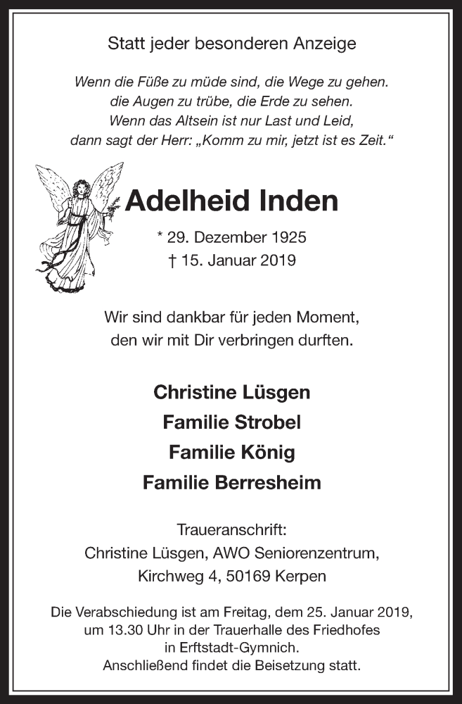  Traueranzeige für Adelheid Inden vom 23.01.2019 aus  Werbepost 
