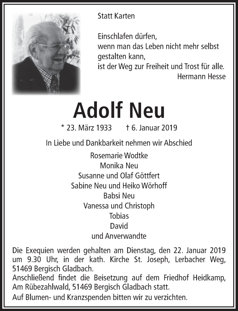  Traueranzeige für Adolf Neu vom 16.01.2019 aus  Bergisches Handelsblatt 