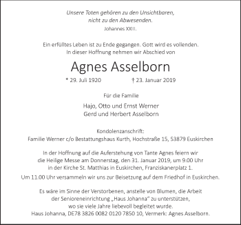 Anzeige von Agnes Asselborn von  Blickpunkt Euskirchen 