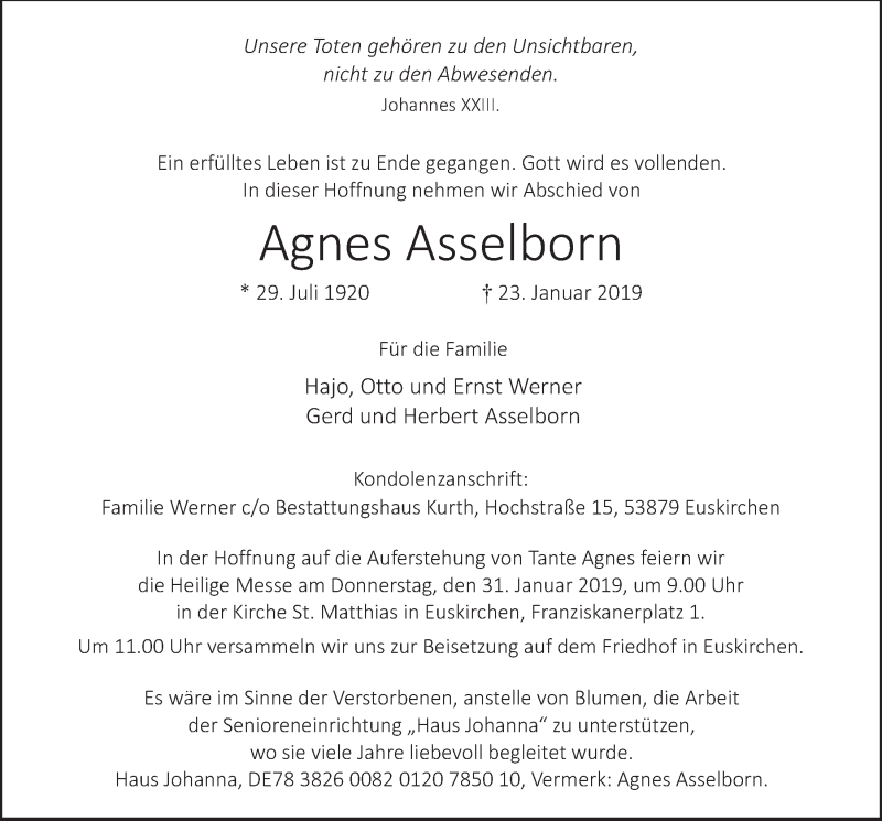  Traueranzeige für Agnes Asselborn vom 26.01.2019 aus  Blickpunkt Euskirchen 