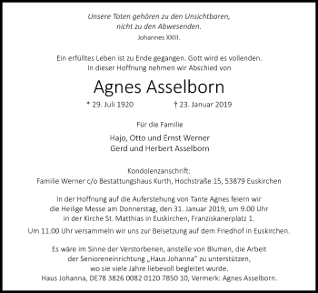 Anzeige von Agnes Asslborn von Kölner Stadt-Anzeiger / Kölnische Rundschau / Express