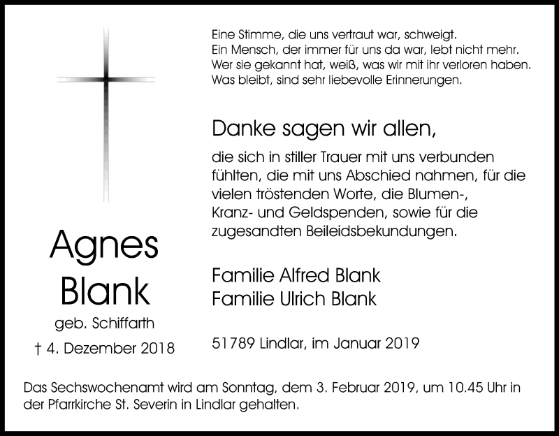  Traueranzeige für Agnes Blank vom 26.01.2019 aus Kölner Stadt-Anzeiger / Kölnische Rundschau / Express