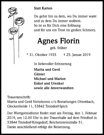 Anzeige von Agnes Florin von Kölner Stadt-Anzeiger / Kölnische Rundschau / Express