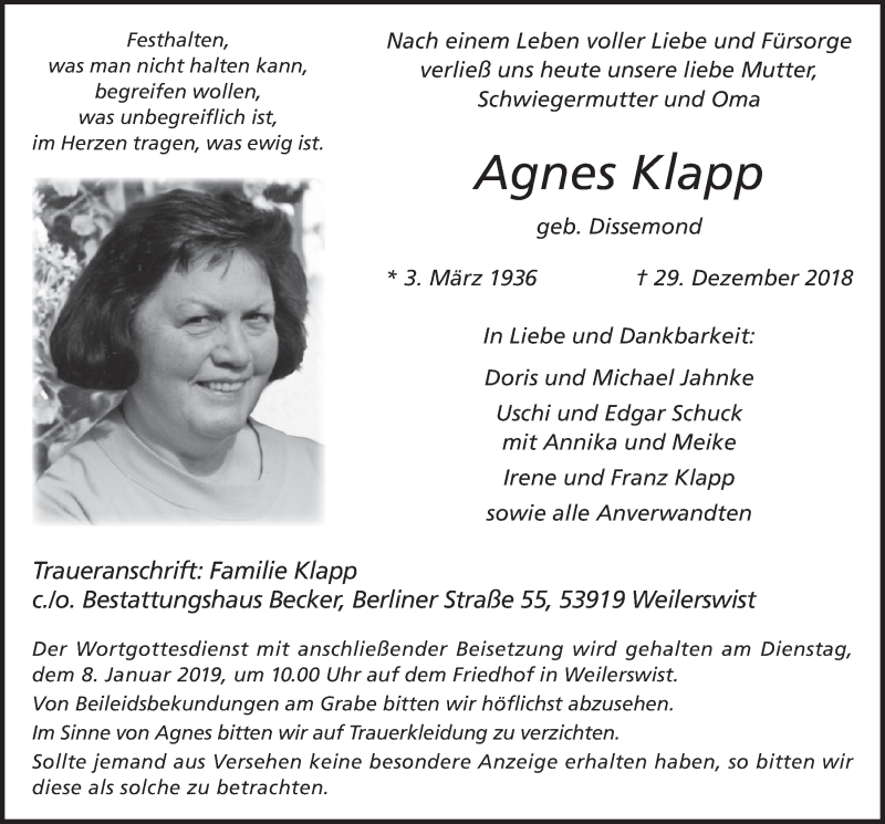  Traueranzeige für Agnes Klapp vom 05.01.2019 aus  Blickpunkt Euskirchen 
