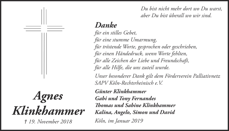  Traueranzeige für Agnes Klinkhammer vom 12.01.2019 aus  Kölner Wochenspiegel 