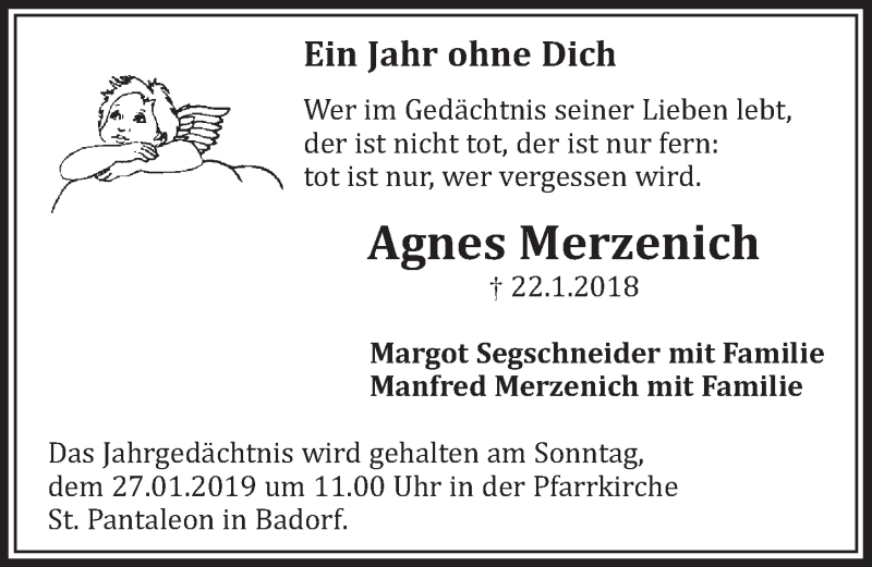  Traueranzeige für Agnes Merzenich vom 23.01.2019 aus  Schlossbote/Werbekurier 