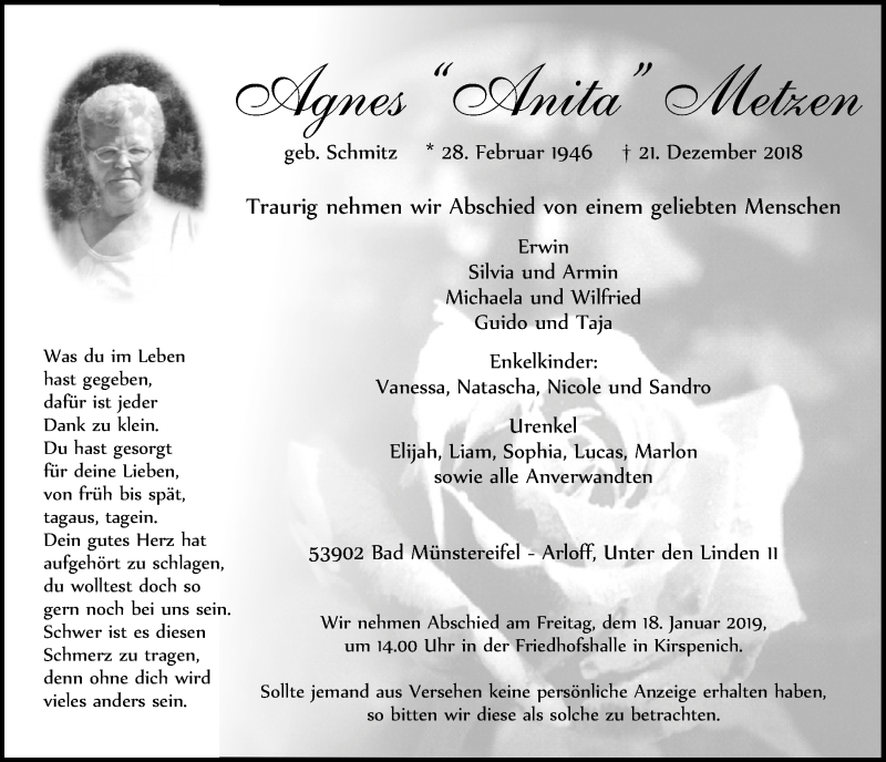  Traueranzeige für Agnes Metzen vom 05.01.2019 aus  Blickpunkt Euskirchen 