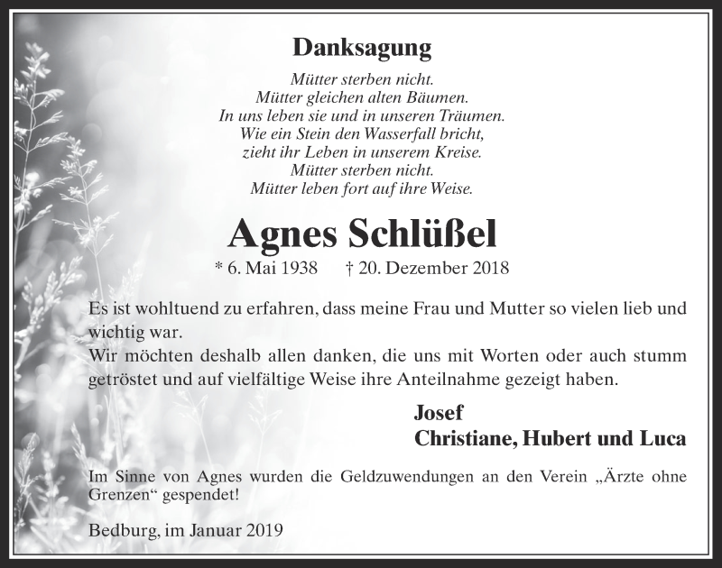 Traueranzeige für Agnes Schlüßel vom 30.01.2019 aus  Werbepost 