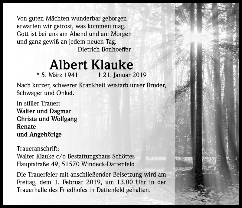  Traueranzeige für Albert Klauke vom 26.01.2019 aus Kölner Stadt-Anzeiger / Kölnische Rundschau / Express