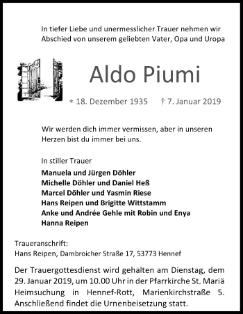 Anzeige von Aldo Piumi von Kölner Stadt-Anzeiger / Kölnische Rundschau / Express