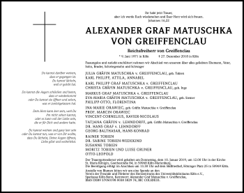 Anzeige von Alexander Graf Matuschka von Greiffenclau von Kölner Stadt-Anzeiger / Kölnische Rundschau / Express