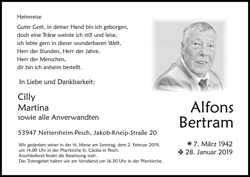  Traueranzeige für Alfons Bertram vom 01.02.2019 aus Kölner Stadt-Anzeiger / Kölnische Rundschau / Express
