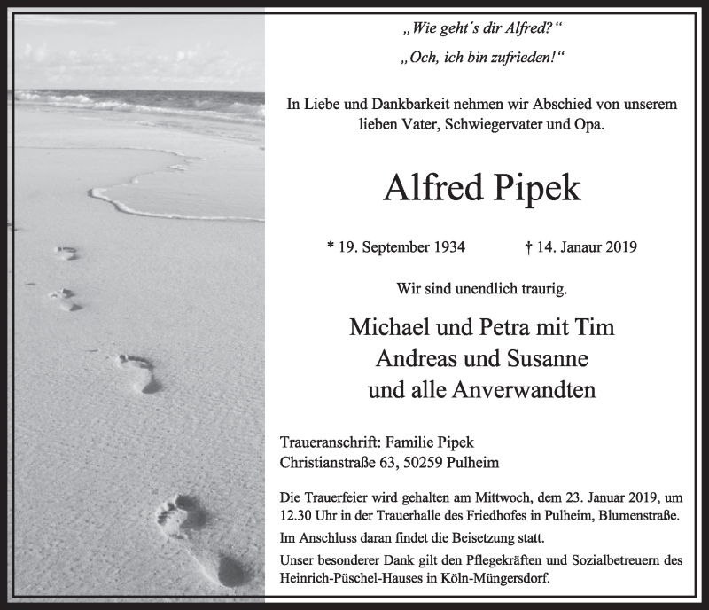  Traueranzeige für Alfred Pipek vom 19.01.2019 aus  Sonntags-Post 