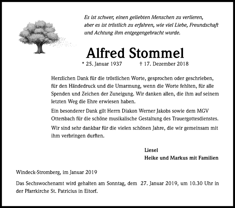  Traueranzeige für Alfred Stommel vom 19.01.2019 aus Kölner Stadt-Anzeiger / Kölnische Rundschau / Express