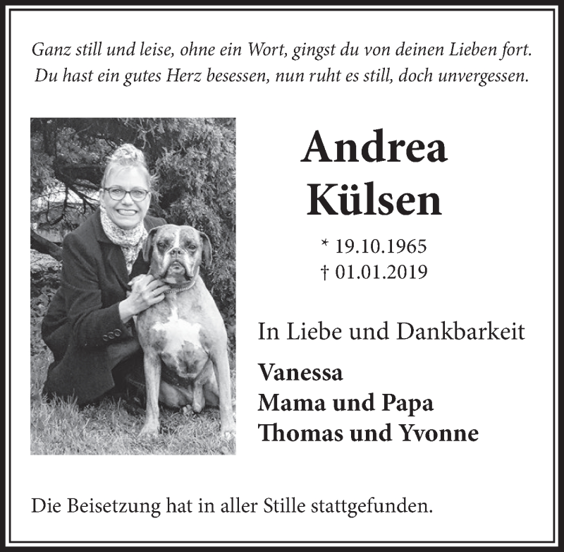  Traueranzeige für Andrea Külsen vom 19.01.2019 aus  Sonntags-Post 