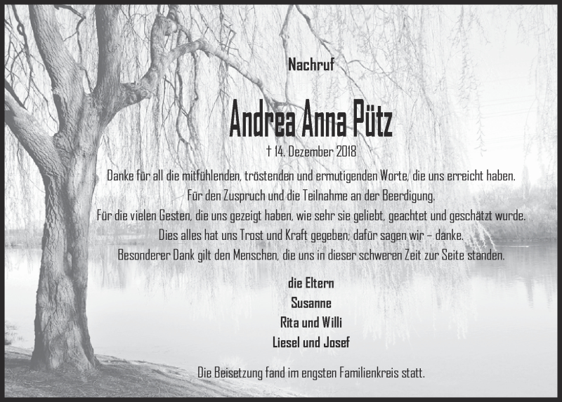  Traueranzeige für Andrea Anna Pütz vom 26.01.2019 aus  Blickpunkt Euskirchen 