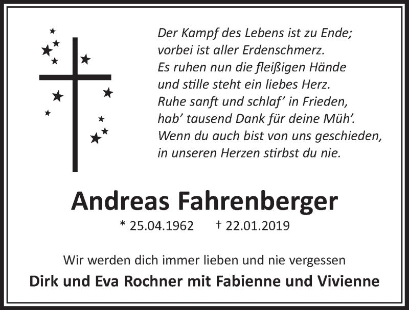  Traueranzeige für Andreas Fahrenberger vom 30.01.2019 aus  Schlossbote/Werbekurier 