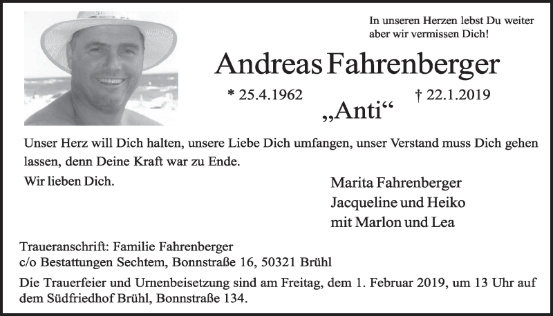 Traueranzeige für Andreas Fahrenberger vom 30.01.2019 aus  Schlossbote/Werbekurier 