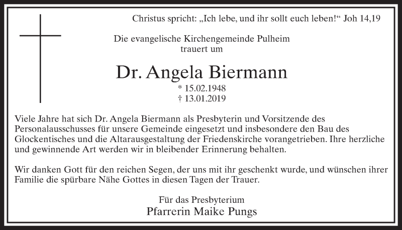  Traueranzeige für Angela Biermann vom 19.01.2019 aus  Sonntags-Post 