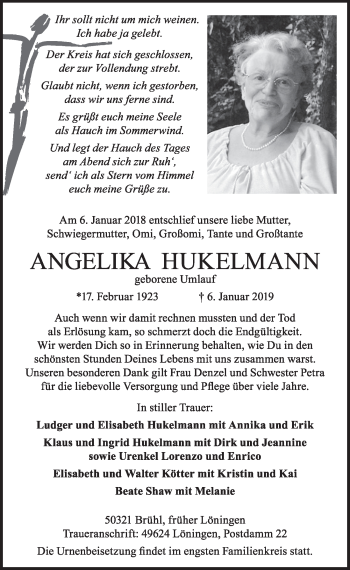 Anzeige von Angelika Hukelmann von  Schlossbote/Werbekurier 