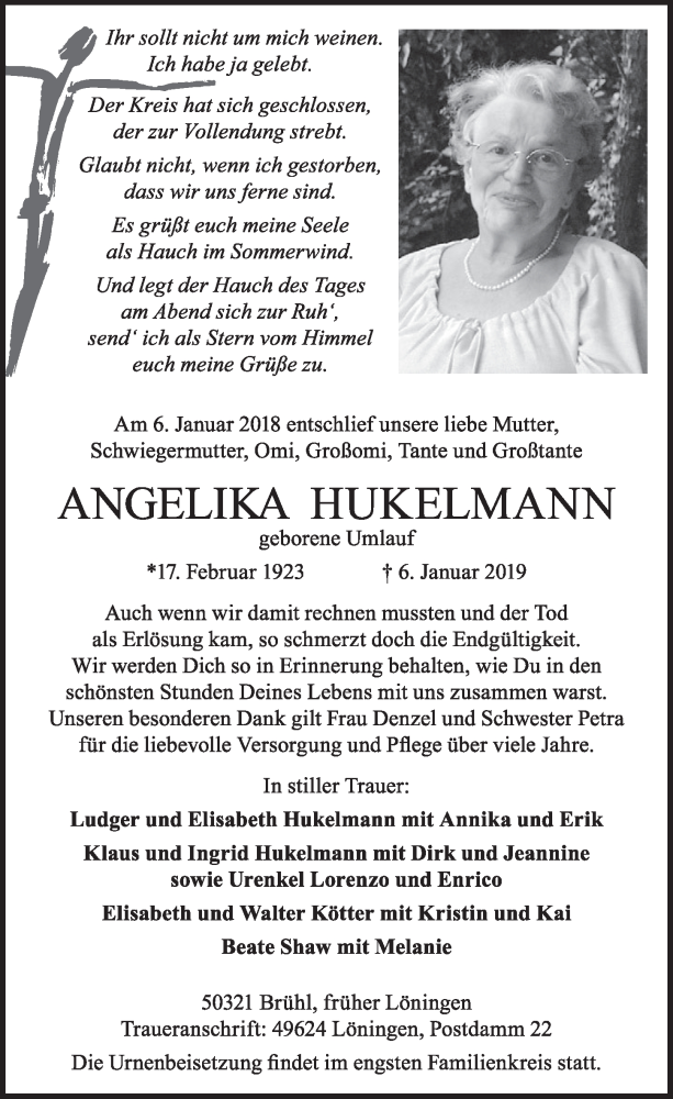  Traueranzeige für Angelika Hukelmann vom 16.01.2019 aus  Schlossbote/Werbekurier 