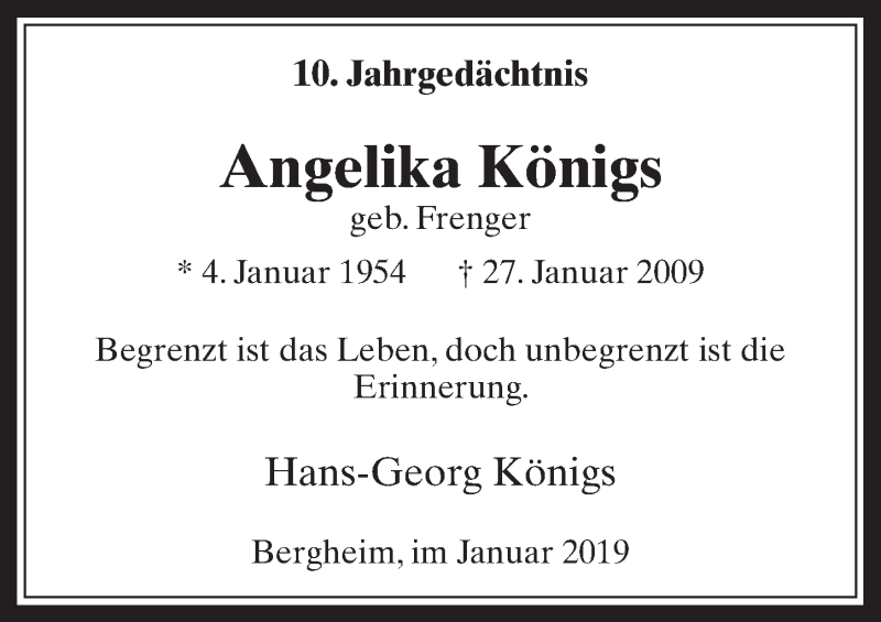  Traueranzeige für Angelika Königs vom 26.01.2019 aus  Sonntags-Post 