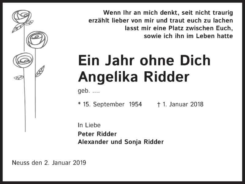  Traueranzeige für Angelika Ridder vom 02.01.2019 aus Kölner Stadt-Anzeiger / Kölnische Rundschau / Express