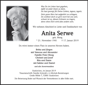 Anzeige von Anita Serwe von  Kölner Wochenspiegel 