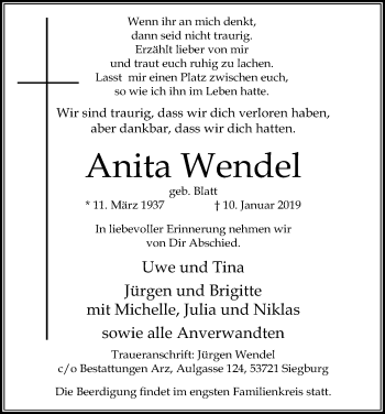 Anzeige von Anita Wendel von Kölner Stadt-Anzeiger / Kölnische Rundschau / Express