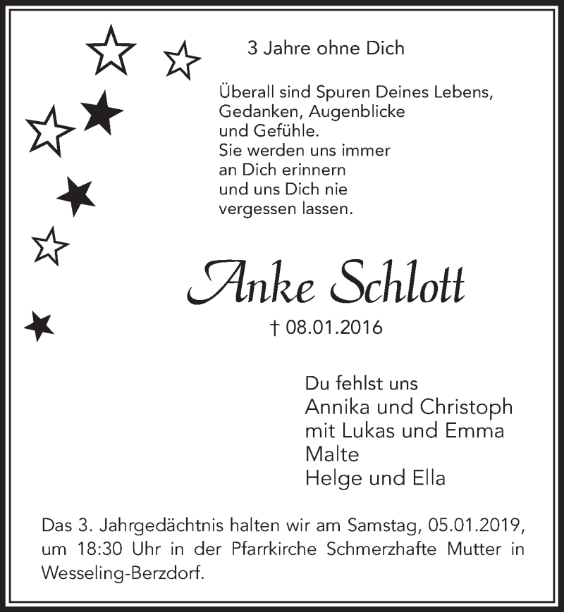  Traueranzeige für Anke Schlott vom 02.01.2019 aus  Schlossbote/Werbekurier 