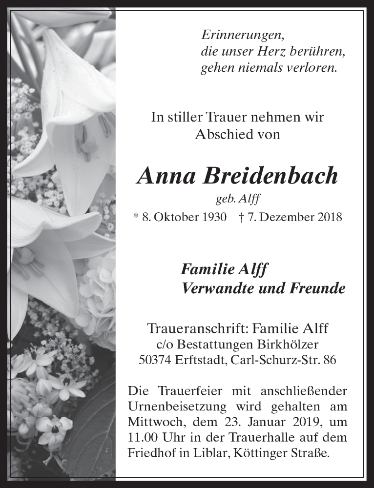 Traueranzeige für Anna Breidenbach vom 16.01.2019 aus  Werbepost 