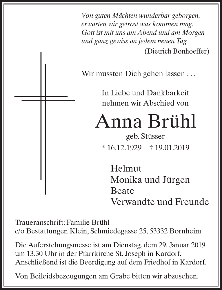  Traueranzeige für Anna Brühl vom 23.01.2019 aus  Schlossbote/Werbekurier 