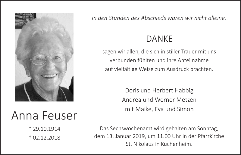  Traueranzeige für Anna Feuser vom 05.01.2019 aus  Blickpunkt Euskirchen 