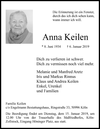 Anzeige von Anna Keilen von Kölner Stadt-Anzeiger / Kölnische Rundschau / Express