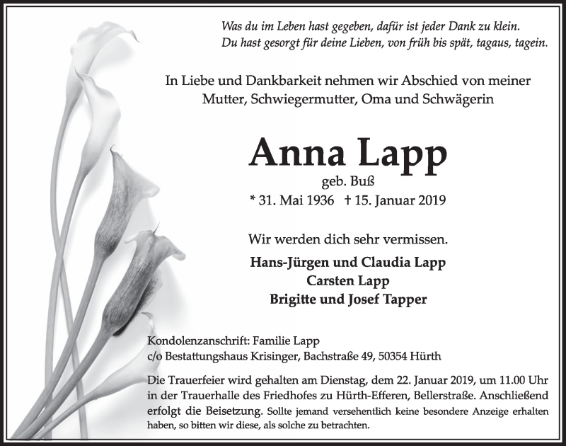  Traueranzeige für Anna Lapp vom 19.01.2019 aus  Sonntags-Post 