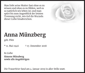 Anzeige von Anna Münzberg von Kölner Stadt-Anzeiger / Kölnische Rundschau / Express