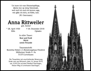 Anzeige von Anna Rittweiler von Kölner Stadt-Anzeiger / Kölnische Rundschau / Express