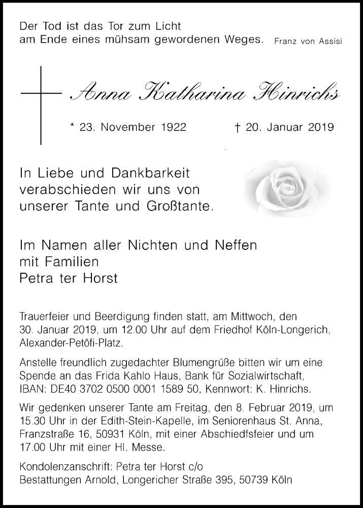  Traueranzeige für Anna Katharina Hinrichs vom 26.01.2019 aus Kölner Stadt-Anzeiger / Kölnische Rundschau / Express